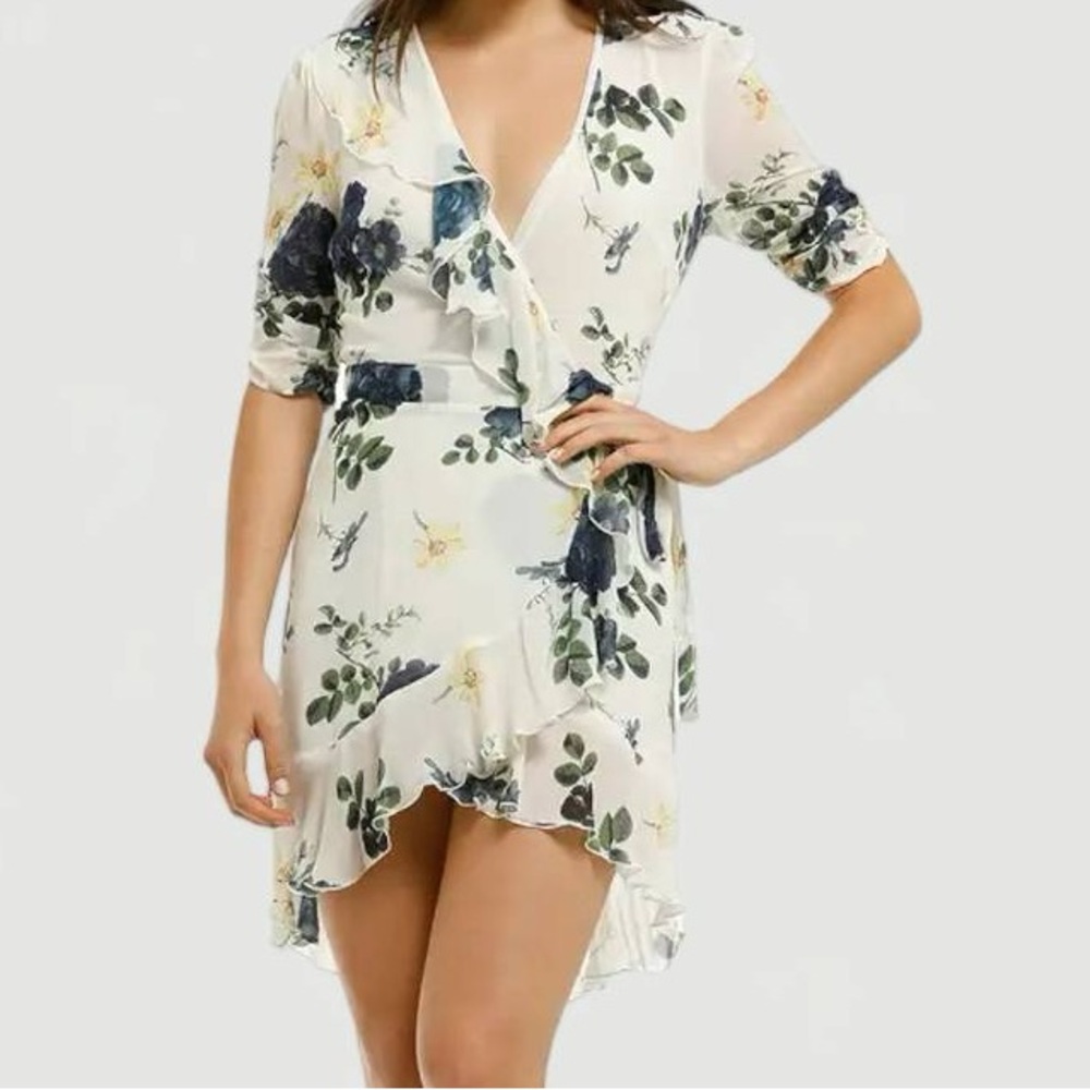 Nicholas Blue Rose Short Sleeve Chiffon Wrap Dress Sz 2